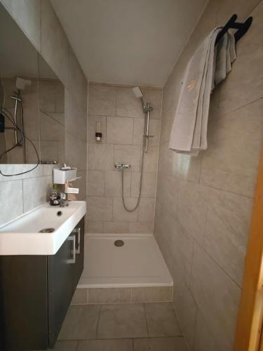 a bathroom with a tub and a sink and a shower at Gästezimmer Arcoiris in Seifhennersdorf