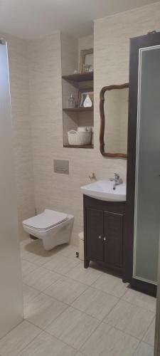 a bathroom with a sink and a toilet and a mirror at Biały Domek in Radęcin