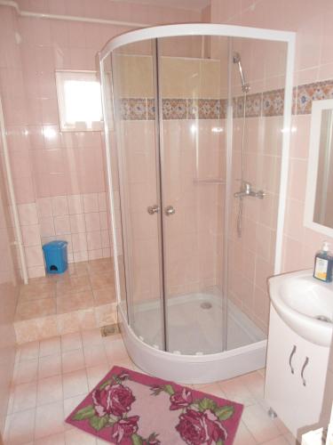 a bathroom with a shower and a sink at Nora Ház Hajdúszoboszló in Hajdúszoboszló