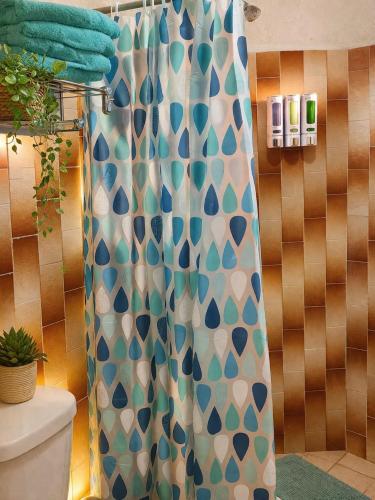a shower curtain with a blue and white pattern at Suites Acapulco Real in Acapulco