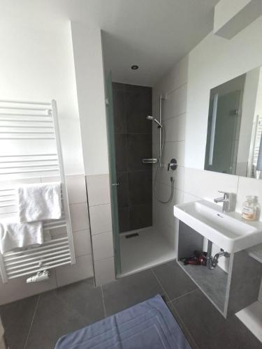a bathroom with a shower and a sink and a mirror at Pension Waldhof in Koppl