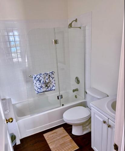 a bathroom with a toilet and a tub and a sink at The Blue Inn Family Vacation Rental in Smith Point
