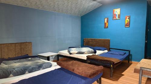three beds in a room with blue walls at Hills Queen Resort And Camping in Mohan Chatti