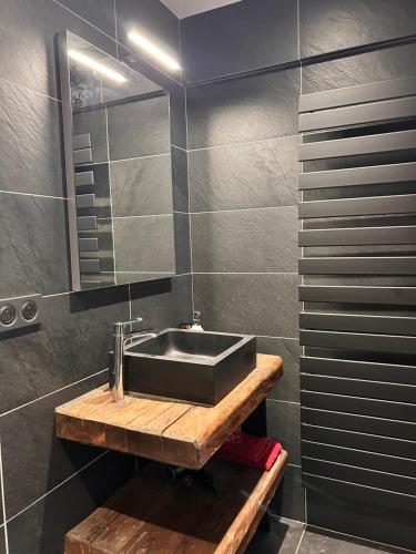 a bathroom with a sink and a mirror at Charmante chambre Chalet in Crozet