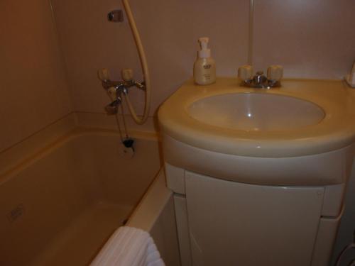 a bathroom with a sink and a bath tub at Hotel Crown Hills Okaya in Okaya