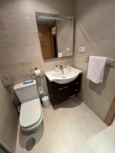 a bathroom with a toilet and a sink and a mirror at Paraiso Spa Reinante in San Miguel de Reinante