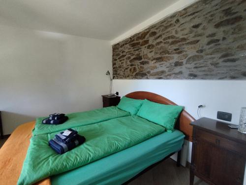 a bedroom with a green bed with a backpack on it at Come a casa B&B in Montegrino Valtravaglia