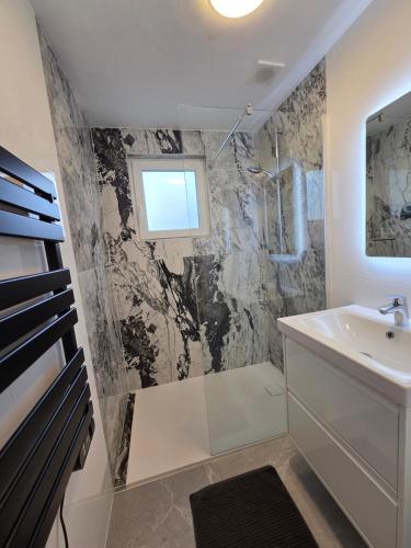 a bathroom with a sink and a shower at Flexi flat Gosselies Providence 11 in Charleroi