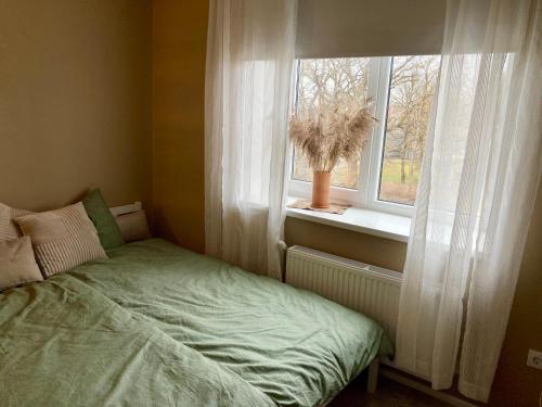 a small bedroom with a bed and a window at OM East in Aizpute