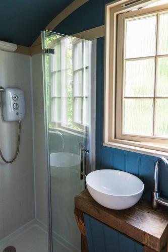 a bathroom with a sink and a glass shower at Peace in Piece in Redruth