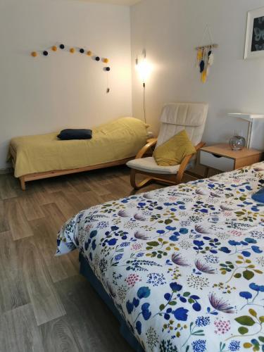 a bedroom with a bed and a chair at Chez Isa et Christophe in Mogeville