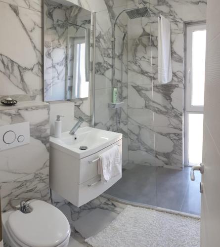 a bathroom with a white sink and a marble wall at Casa Party in Fîntînele