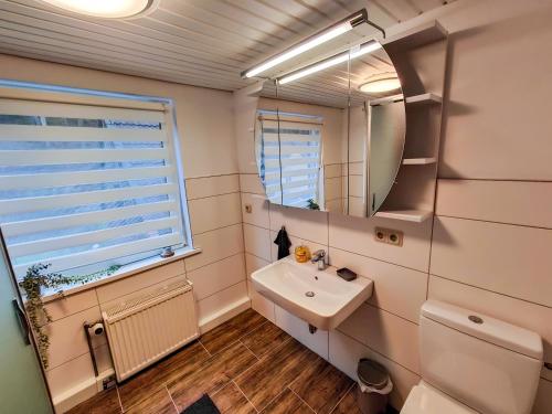 a bathroom with a sink and a mirror at Altenauer Kaffeehaus in Altenau