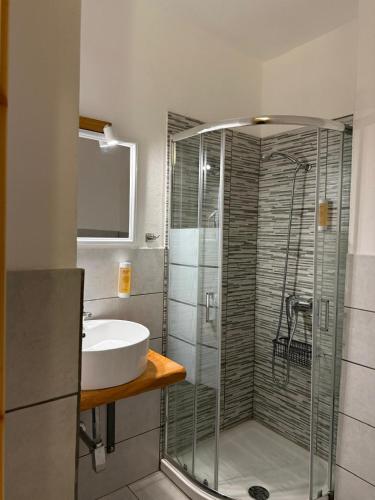 a bathroom with a glass shower and a sink at Hotel Ristorante Sassi Rossi in Taceno