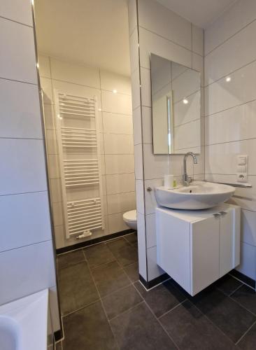 a bathroom with a sink and a mirror and a toilet at Ferienwohnung Ferienpark Quendorfersee Schüttorf in Schüttorf