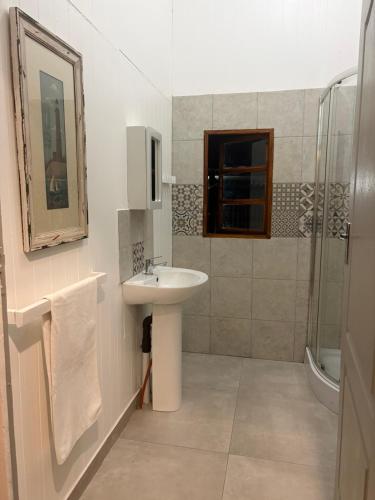 a bathroom with a sink and a shower at The Cabin at Skyfall Country Estate in Polokwane