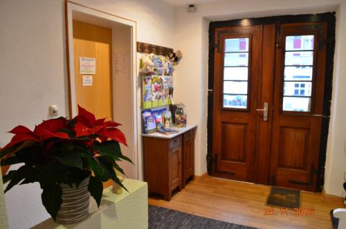 a room with a door and a vase with a plant at Die Dirndlkönigin in Grünenbach