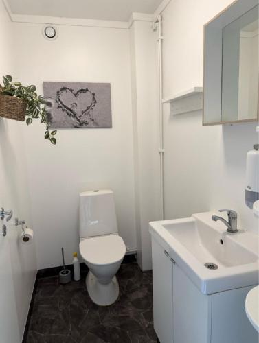 a white bathroom with a toilet and a sink at Bryggans Vandrarhem in Västervik