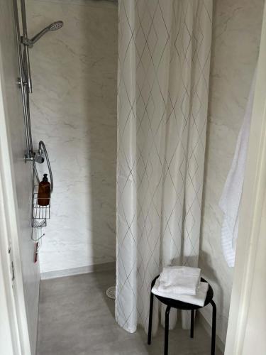 a shower with a stool and a shower curtain at Charming Bed & Breakfast - Villa Högby in Löttorp