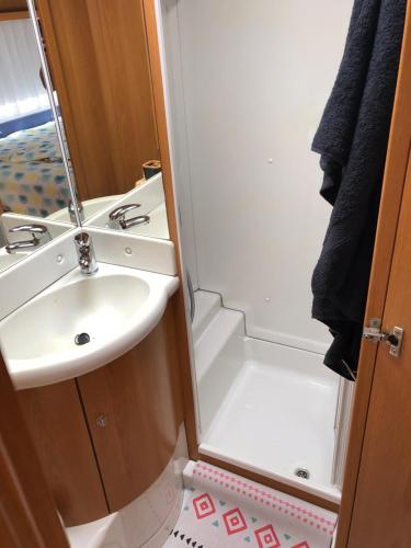 a small bathroom with a sink and a shower at Caravane revisité in Pleslin-Trigavou