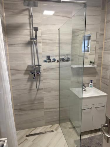 a shower with a glass door next to a sink at Casa Lemnarului in Micfalău