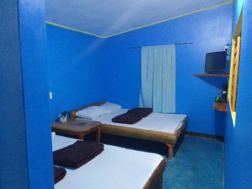 two beds in a room with a blue wall at Joan's All Seasons Homestay in Taccon