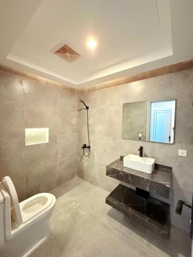 a bathroom with a toilet and a sink and a mirror at فلة درة العروس in Jeddah