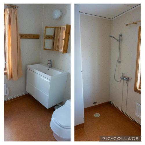 two pictures of a bathroom with a toilet and a sink at Sunshine Stuga Mörtsjön in Stugun