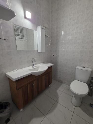a bathroom with a sink and a toilet and a mirror at Elflora Otel in Ceyhan