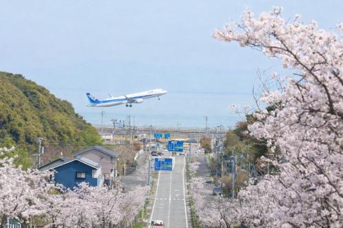 an airplane is flying over a street withakurauationuationuationuationuationuationuation at スペースポートホテル大分 -Spaceport Hotel Oita- in Kunisaki