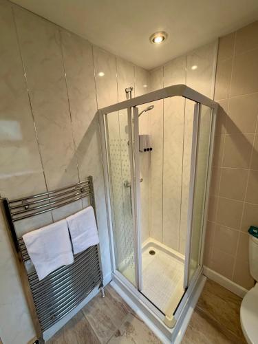 a shower stall in a bathroom with a toilet at The Oak Nook in Whiteabbey