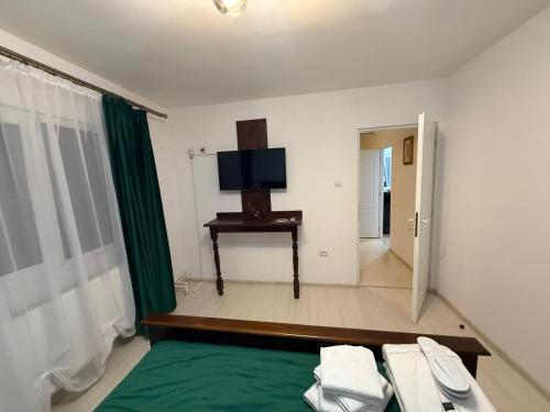 a room with a bed and a television in it at Vila Rhea in Caciulata
