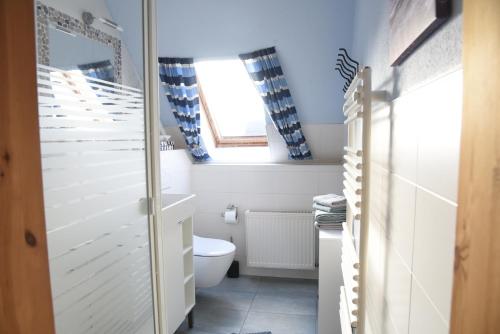 a bathroom with a toilet and a window at Ferienwohnung Ankerpladsen Opti in Behrensdorf