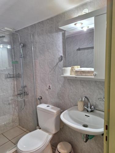 a bathroom with a toilet and a shower and a sink at Myrto in Tyros