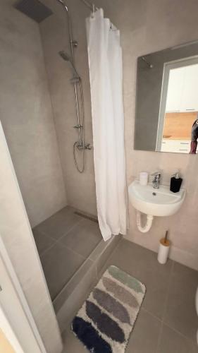 a bathroom with a shower and a sink and a mirror at GreenHouse in Brca