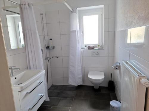 a white bathroom with a toilet and a sink at Interlaken Central 1 in Interlaken