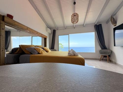 a bedroom with two beds with a view of the ocean at Les Terrasses du Fort in Basse-Terre
