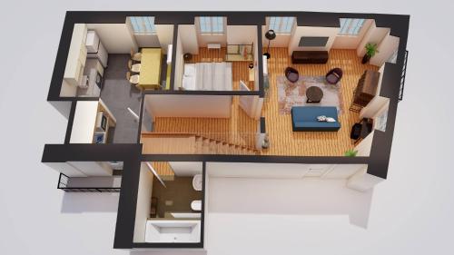 a rendering of a floor plan at Boutique duplex in Chiado with epic Rossio view in Lisbon