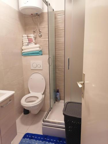 a bathroom with a toilet and a shower with towels at D & G in Split