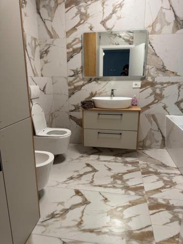 a bathroom with a sink and a toilet and a mirror at Nordic Star in Rădăuţi