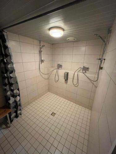a bathroom with a shower and a tiled floor at Hobeda 6 Guest House in Tallinn