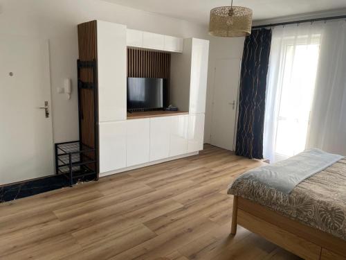 a bedroom with a bed and a flat screen tv at Central Comfort Studio Walkup in Slezská Ostrava
