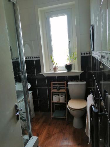 a bathroom with a toilet and a window at Cozy Homestay in Rothesay