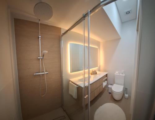 a bathroom with a shower and a sink and a toilet at Garden House 2 in São Vicente Ferreira