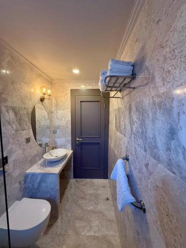 a bathroom with a toilet and a sink and a mirror at The Pilgrim Ephesus Hotel in Selçuk