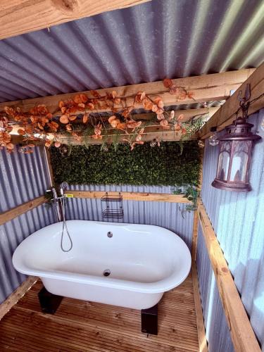 a bathroom with a white bath tub in a shed at The Black Sheep Shepherd's Hut in Prestrie