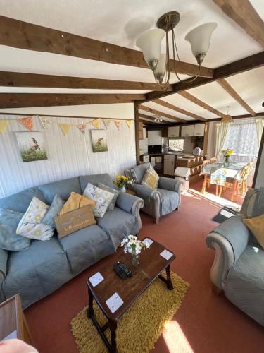 a living room with a blue couch and a table at Beautiful Rural Holiday Chalet With Hot tub and Igloo cinema in Lincolnshire