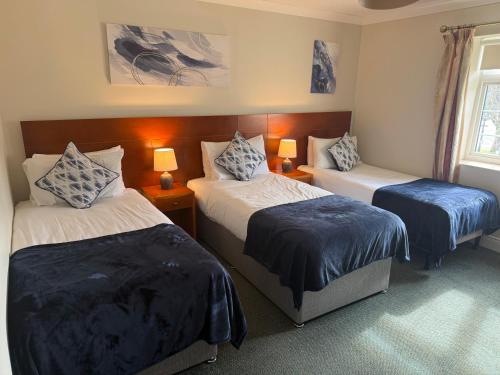 a bedroom with two beds with blue and white sheets at 36 Flesk River Apartment in Killarney