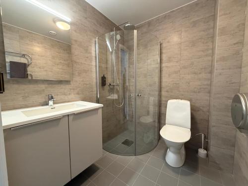 ein Badezimmer mit Dusche, Toilette und Waschbecken in der Unterkunft Vreta Hotel in Vretarna