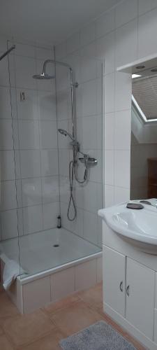 a white bathroom with a shower and a sink at Haus Seeblick in Jettingen-Scheppach